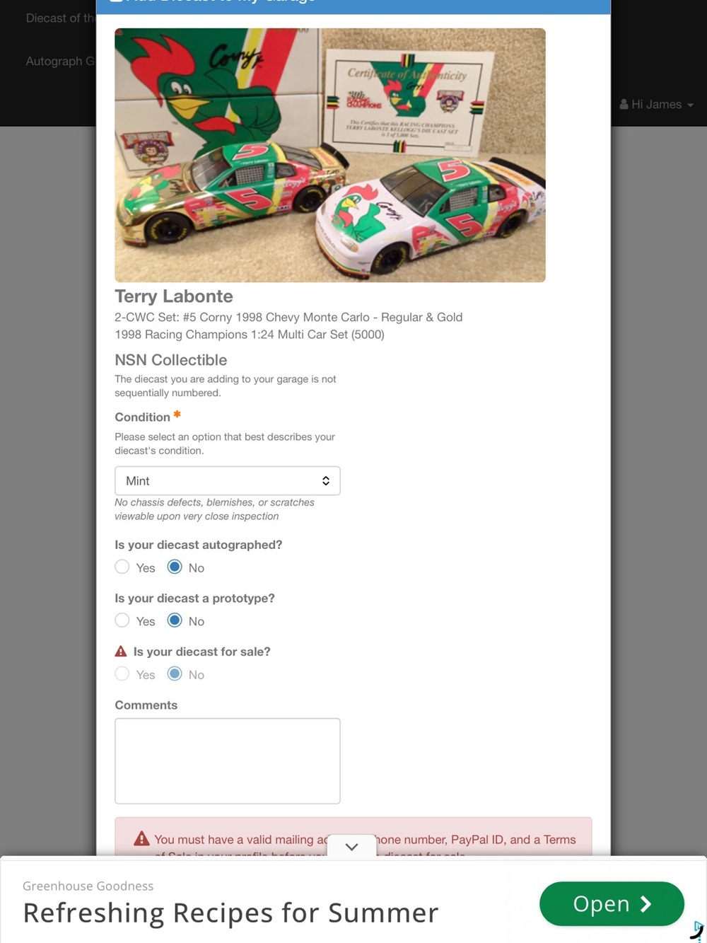 Racing Champions Terry Labonte #5 Corny Diecast Race Car - Green & White